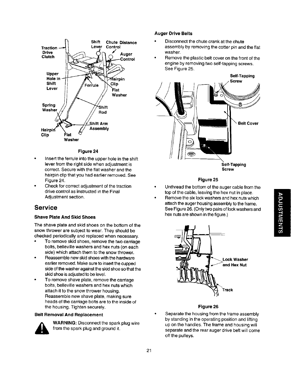 Service, Shave plate and skid shoes, Auger drive belts | Craftsman 247.888510 User Manual | Page 21 / 40