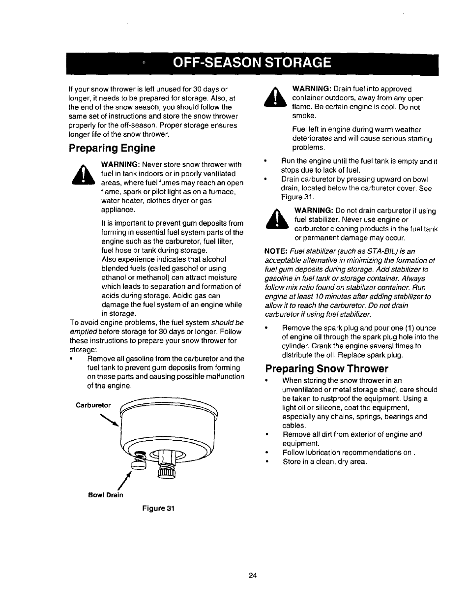 Preparing engine, Preparing snow thrower, Off-season storage | Craftsman 247.888510 User Manual | Page 24 / 40