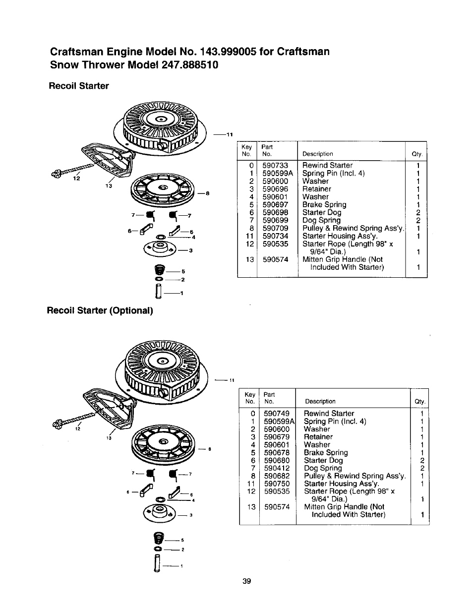 Recoil starter, Recoil starter (optional) | Craftsman 247.888510 User Manual | Page 39 / 40