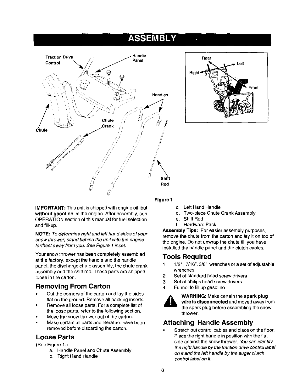 Removing from carton, Loose parts, Tools required | Attaching handle assembly, Assembly | Craftsman 247.888510 User Manual | Page 6 / 40