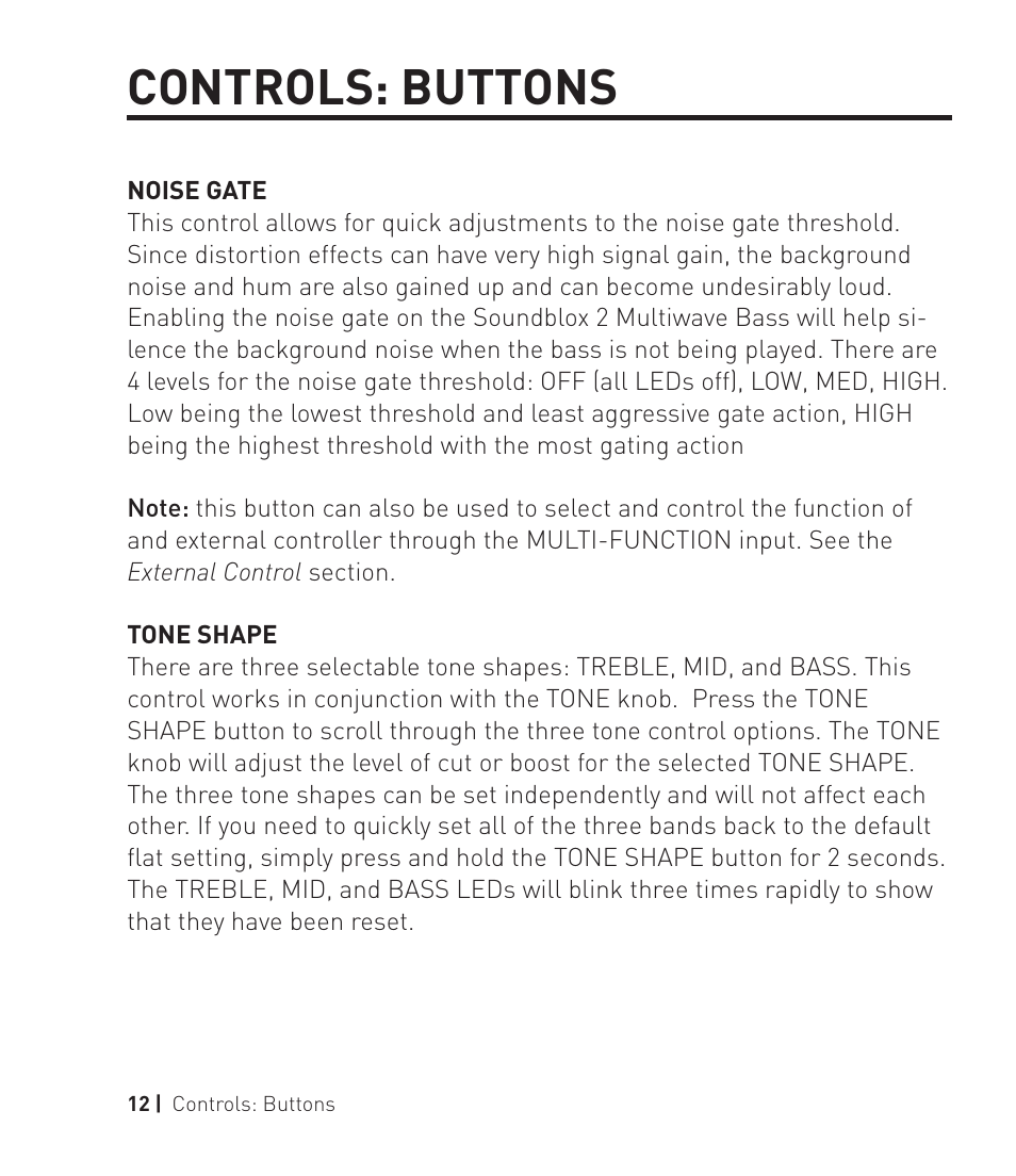 Controls: buttons | Source Audio Soundblox 2 Multiwave Bass Distortion User Manual | Page 12 / 24