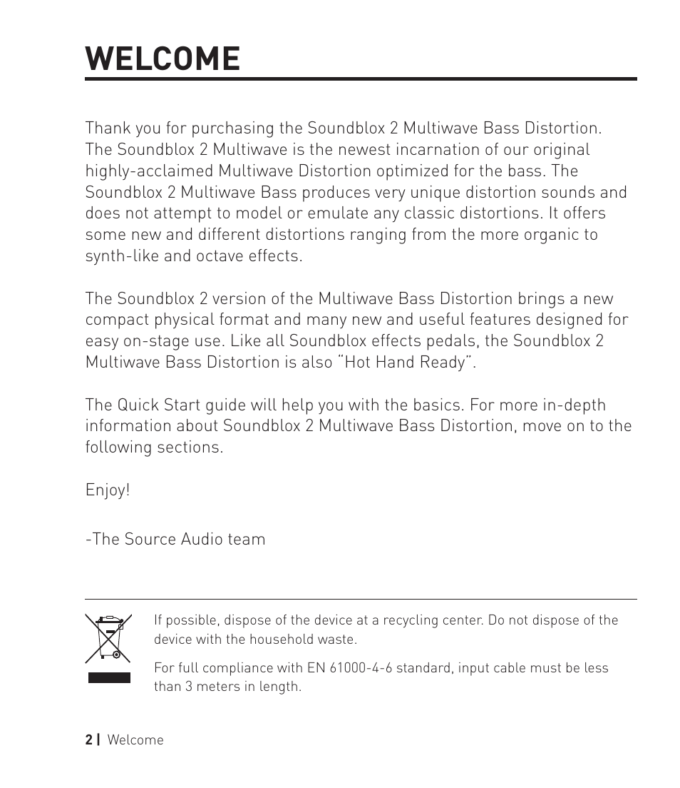 Welcome | Source Audio Soundblox 2 Multiwave Bass Distortion User Manual | Page 2 / 24