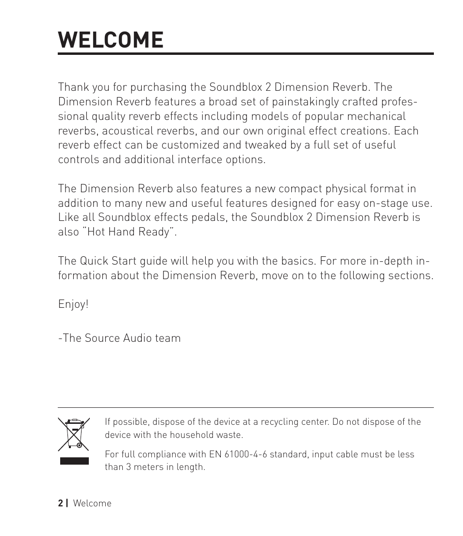 Welcome | Source Audio Soundblox 2 Dimension Reverb User Manual | Page 2 / 28