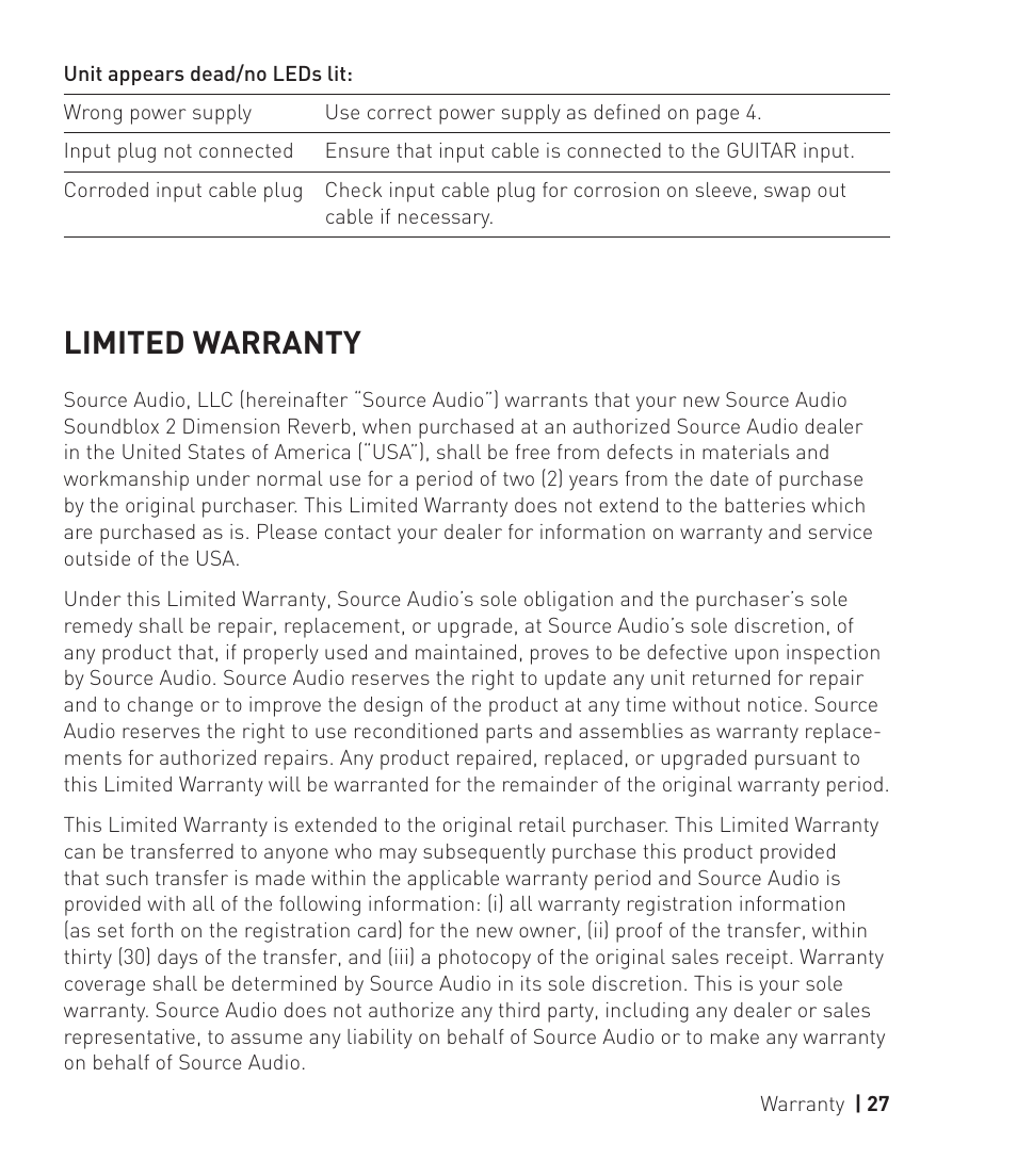 Limited warranty | Source Audio Soundblox 2 Dimension Reverb User Manual | Page 27 / 28