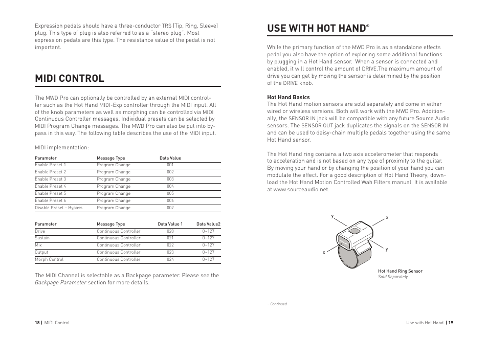 Midi control, Use with hot hand | Source Audio Soundblox Pro Multiwave Distortion Pro User Manual | Page 10 / 13