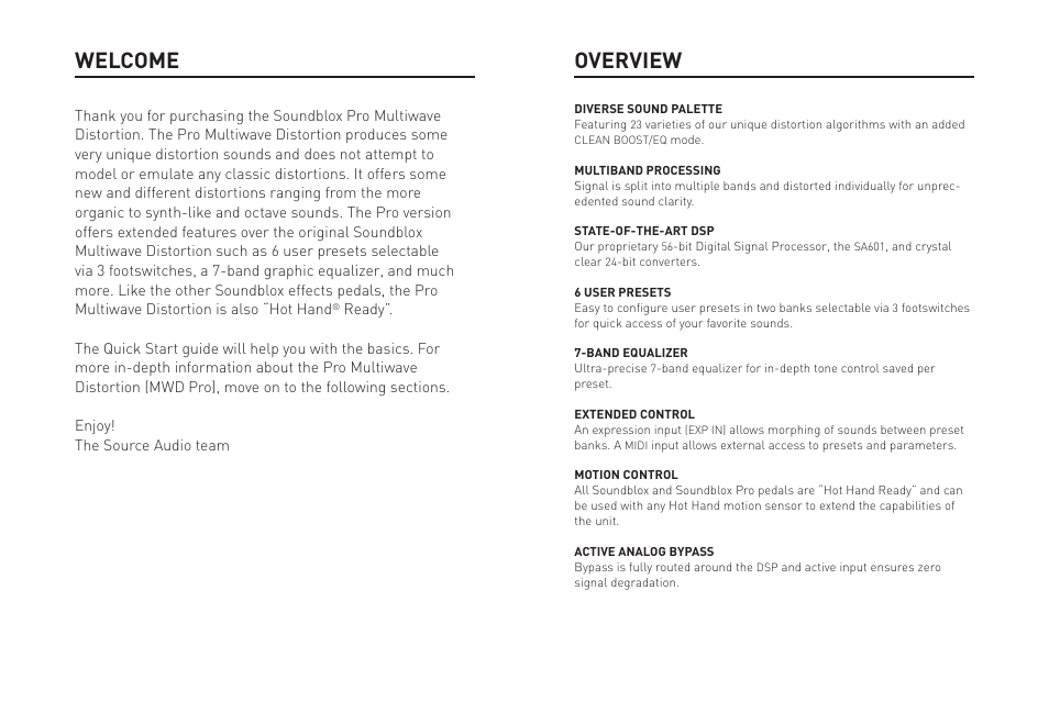 Overview, Welcome | Source Audio Soundblox Pro Multiwave Distortion Pro User Manual | Page 2 / 13