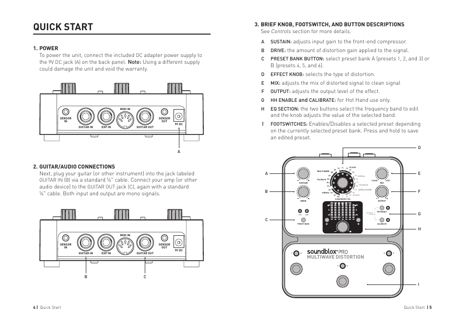 Quick start, Adjusts input gain to the front-end compressor, Select preset bank a (presets | Or b (presets, Selects the type of distortion, Adjusts the output level of the effect, For hot hand use only, Power to power the unit, connect the included, Adapter power supply to the, Jack | Source Audio Soundblox Pro Multiwave Distortion Pro User Manual | Page 3 / 13