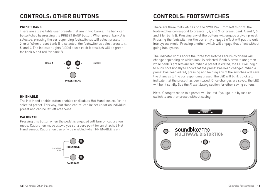 Controls: footswitches, Controls: other buttons, Multiwave distortion | Source Audio Soundblox Pro Multiwave Distortion Pro User Manual | Page 7 / 13