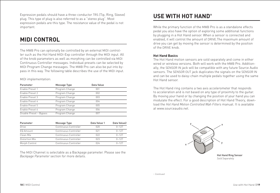 Midi control, Use with hot hand | Source Audio Soundblox Pro Multiwave Bass Distortion Pro User Manual | Page 10 / 13