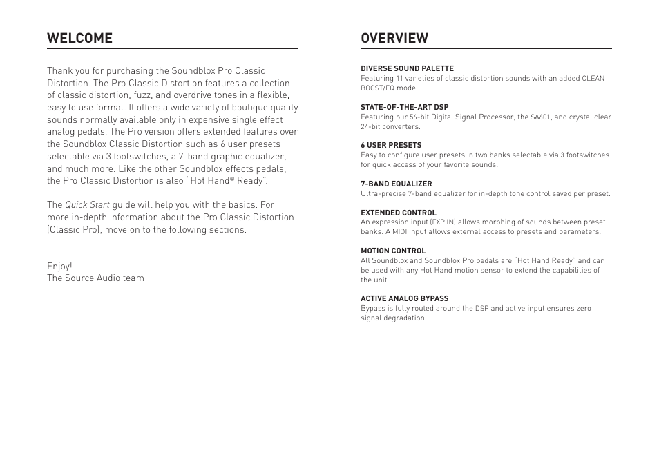 Overview, Welcome | Source Audio Soundblox Pro Classic Distortion Pro User Manual | Page 2 / 13