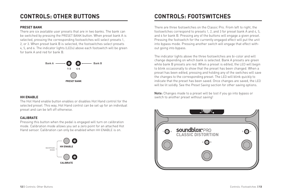 Controls: footswitches, Controls: other buttons, Classic distortion | Source Audio Soundblox Pro Classic Distortion Pro User Manual | Page 7 / 13