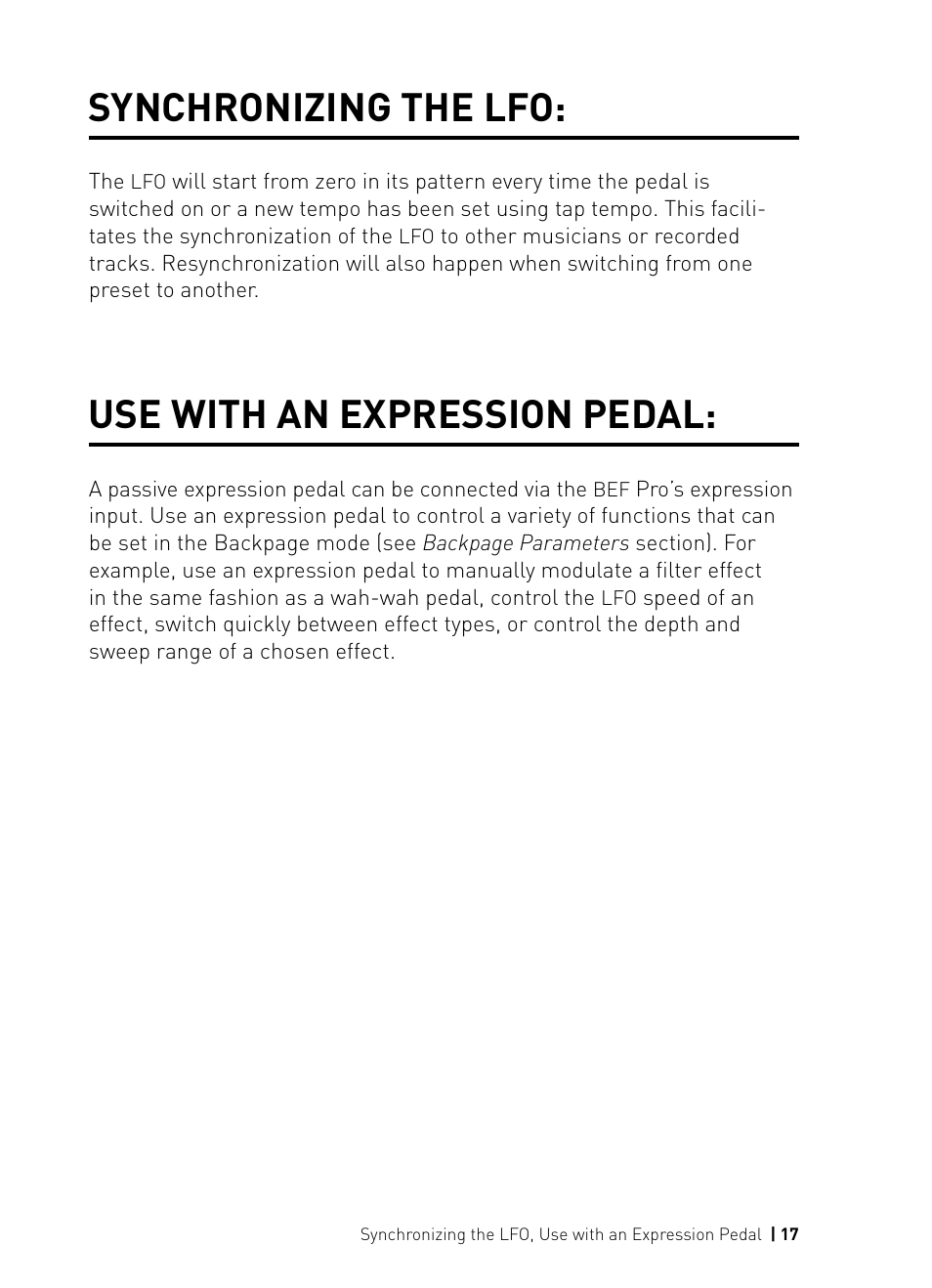 Synchronizing the lfo, Use with an expression pedal | Source Audio Soundblox Pro Bass Envelope Filter User Manual | Page 17 / 28