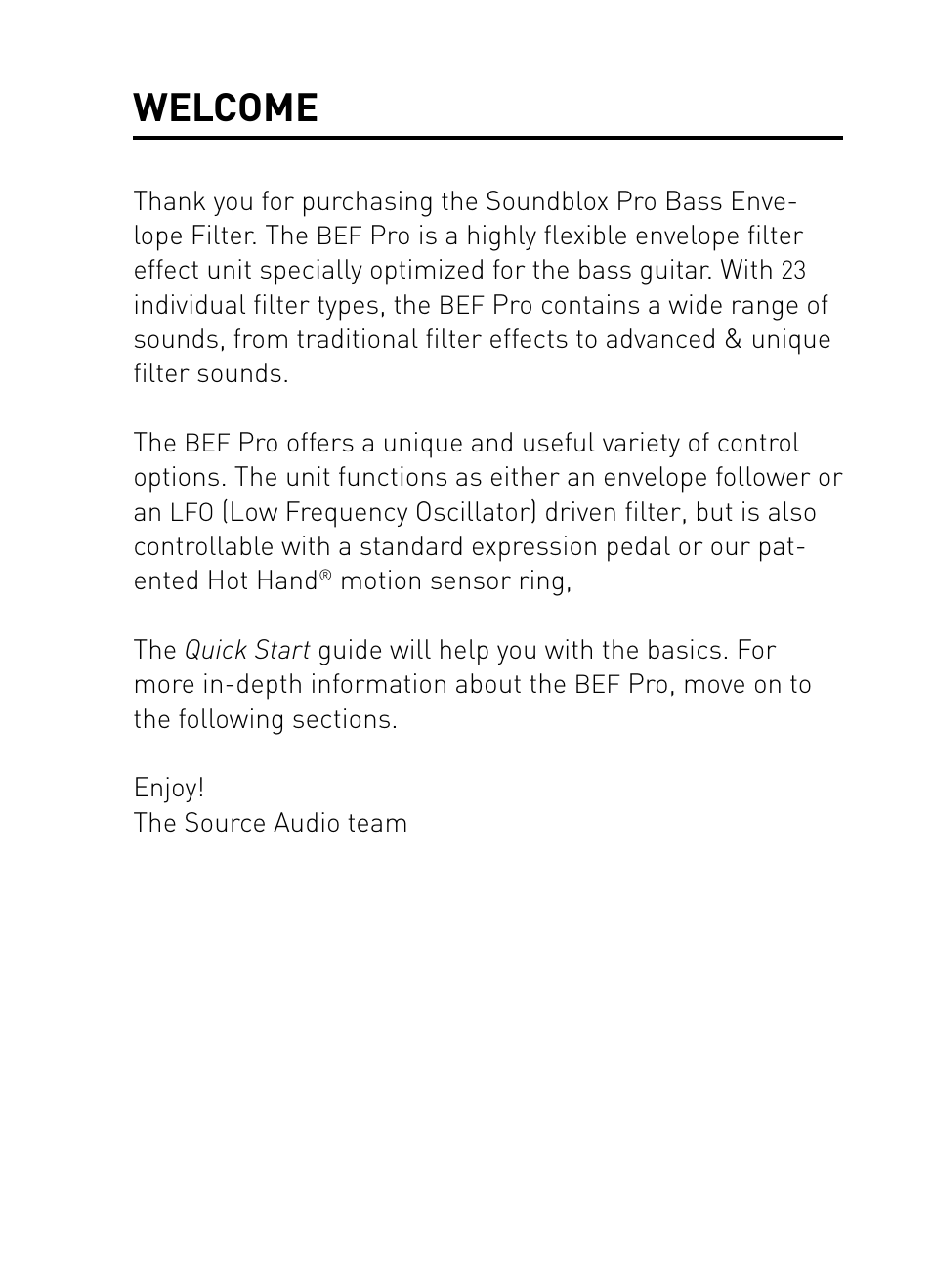 Welcome | Source Audio Soundblox Pro Bass Envelope Filter User Manual | Page 2 / 28