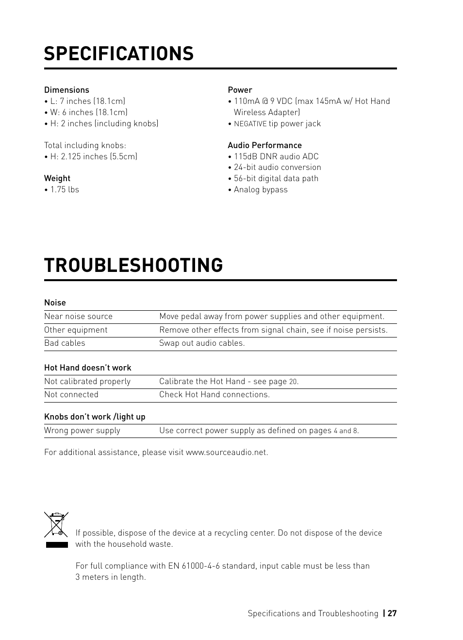 Troubleshooting, Specifications | Source Audio Soundblox Pro Bass Envelope Filter User Manual | Page 27 / 28