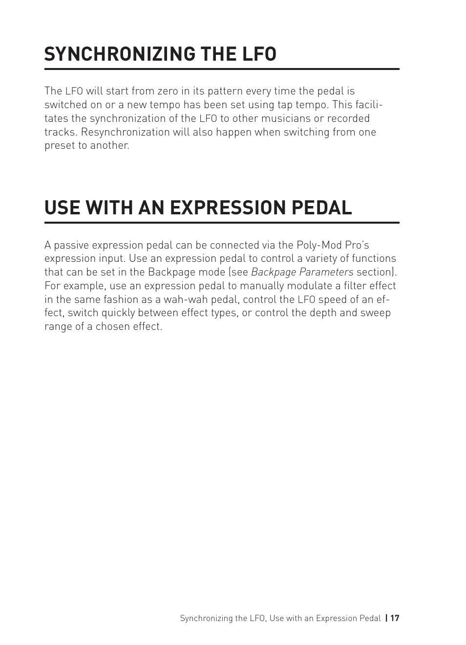 Synchronizing the lfo, Use with an expression pedal | Source Audio Soundblox Pro Poly-Mod Filter User Manual | Page 17 / 28