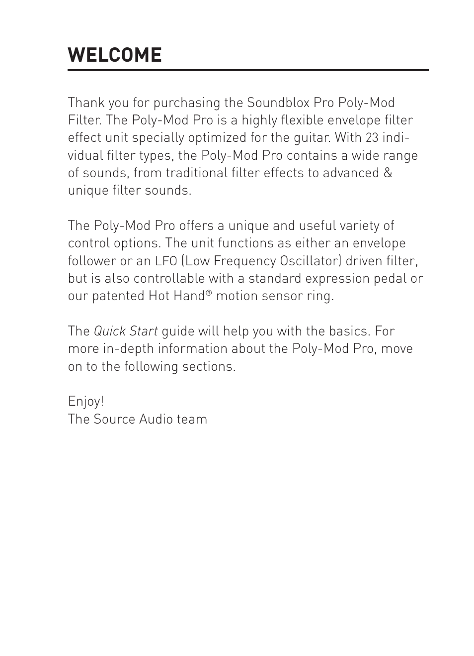 Welcome | Source Audio Soundblox Pro Poly-Mod Filter User Manual | Page 2 / 28