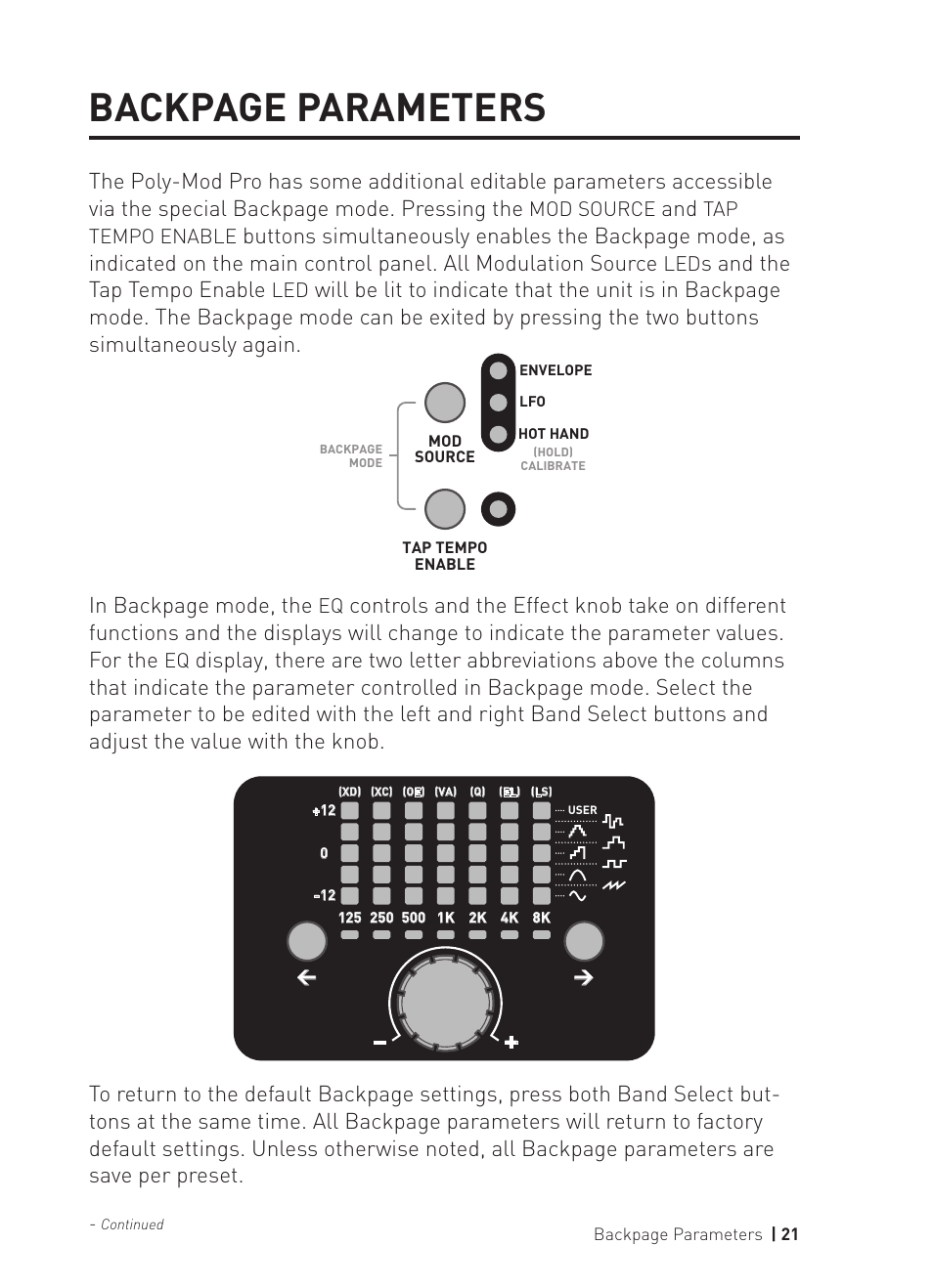 Backpage parameters, S and the tap tempo enable | Source Audio Soundblox Pro Poly-Mod Filter User Manual | Page 21 / 28