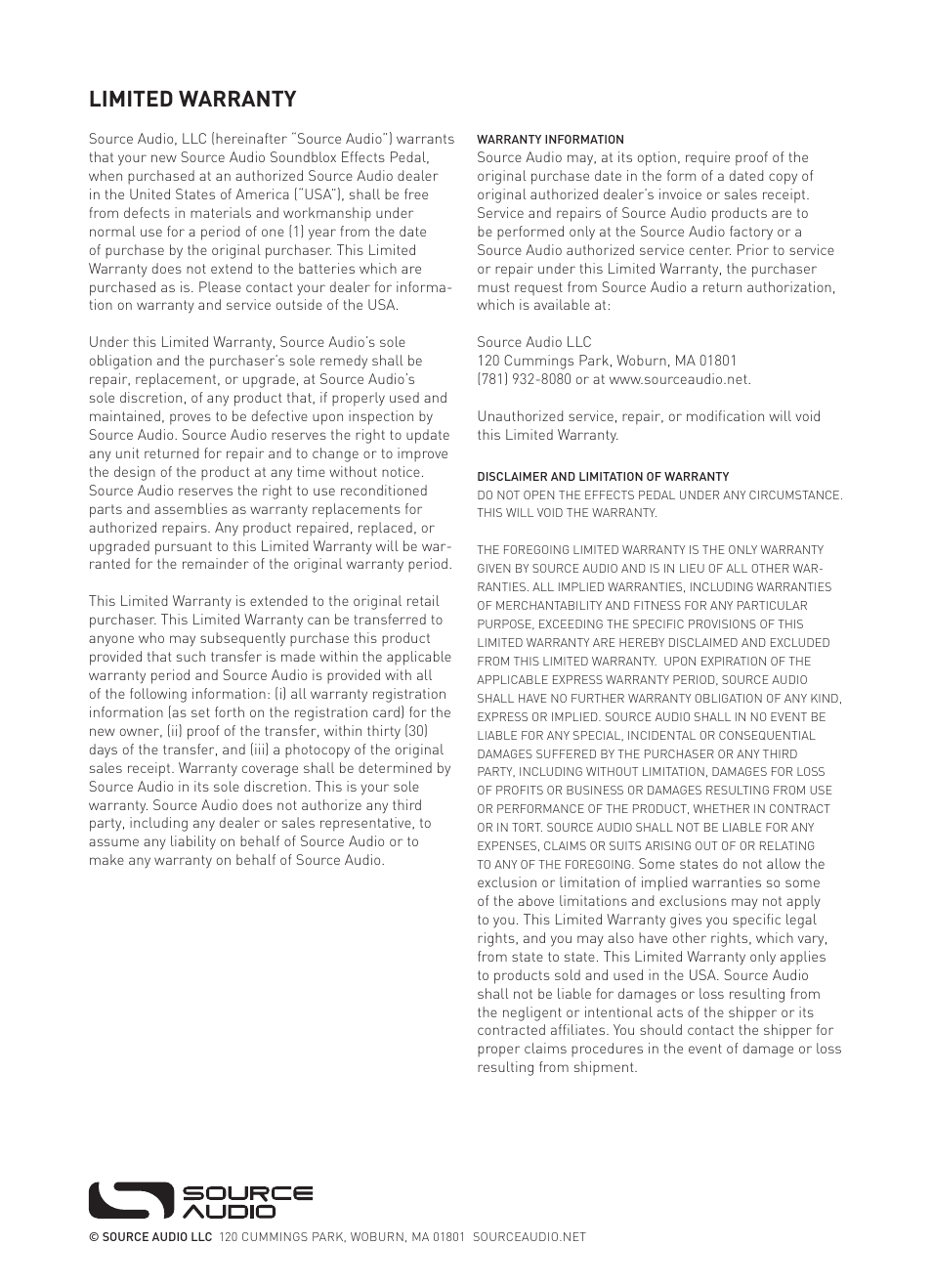Limited warranty | Source Audio Soundblox Pro Poly-Mod Filter User Manual | Page 28 / 28