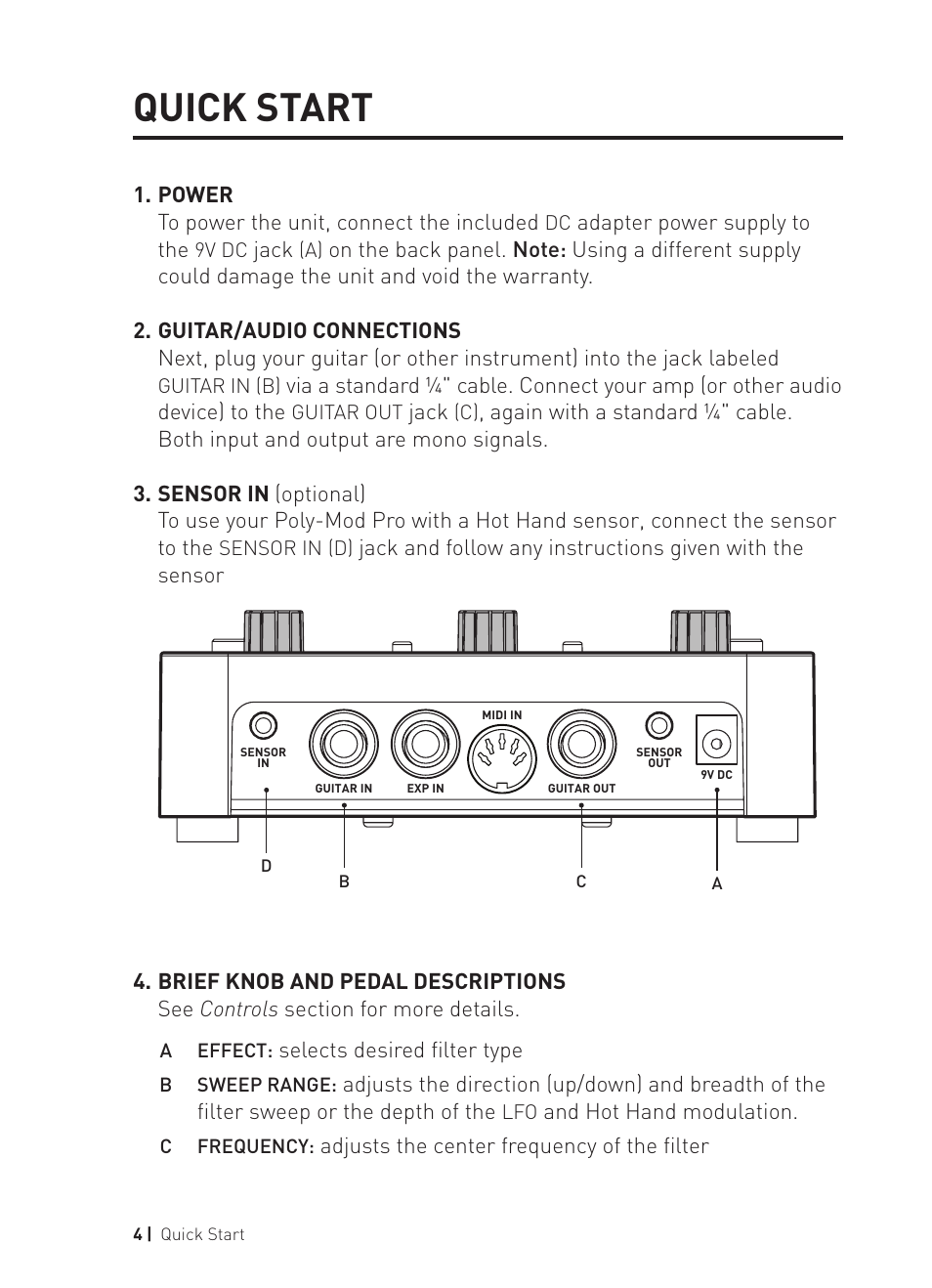 Quick start | Source Audio Soundblox Pro Poly-Mod Filter User Manual | Page 4 / 28