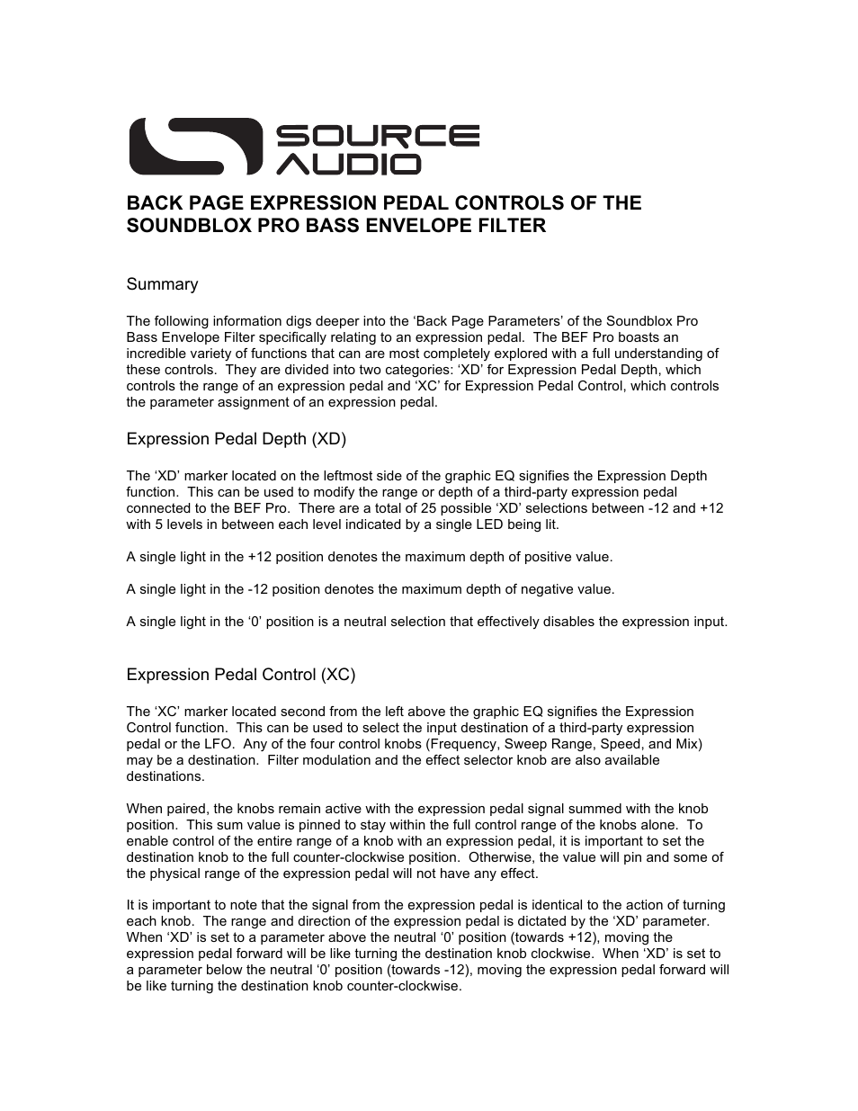 Source Audio Soundblox Pro Bass Envelope Filter Expression Pedal Control Supplement User Manual | 6 pages