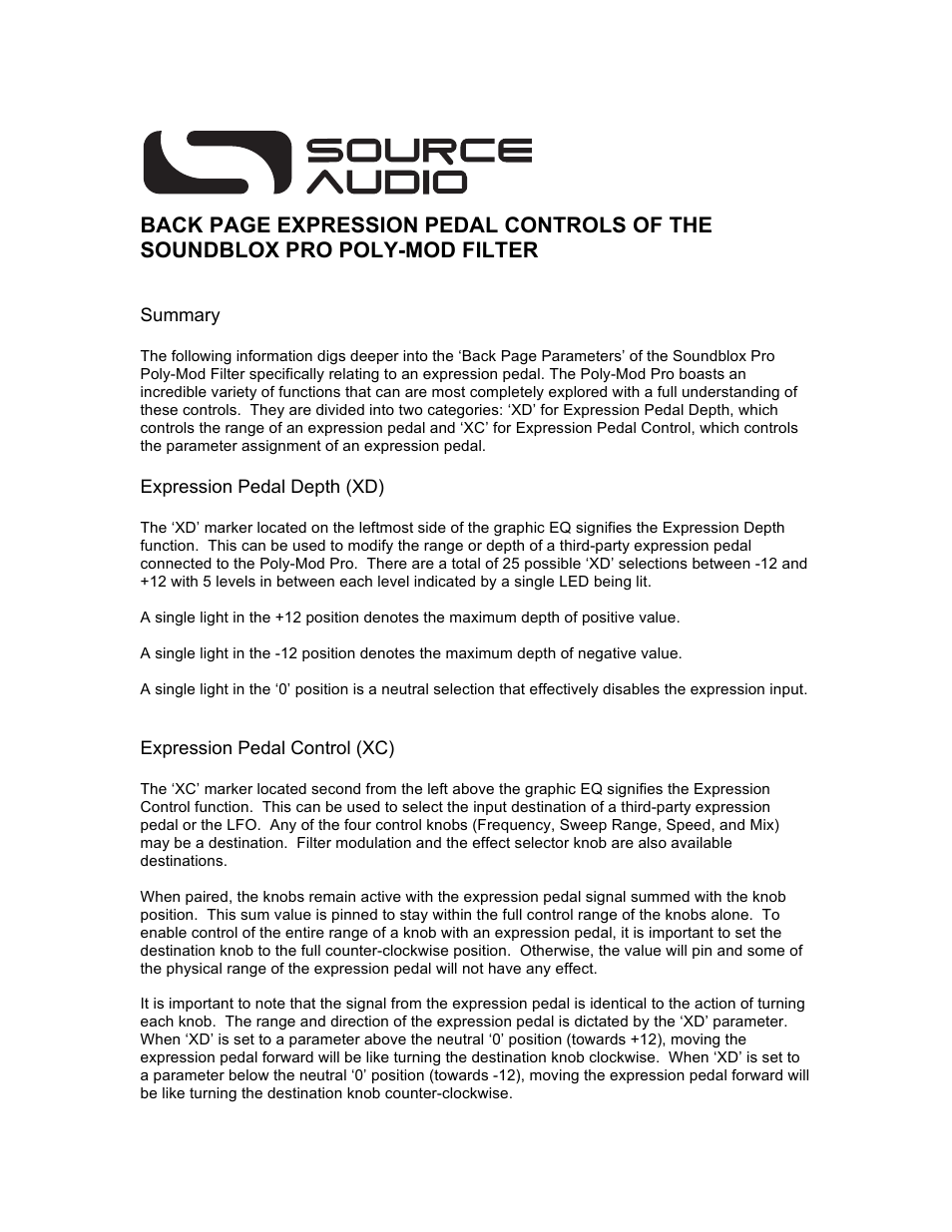 Source Audio Soundblox Pro Poly-Mod Filter Control Supplement User Manual | 6 pages