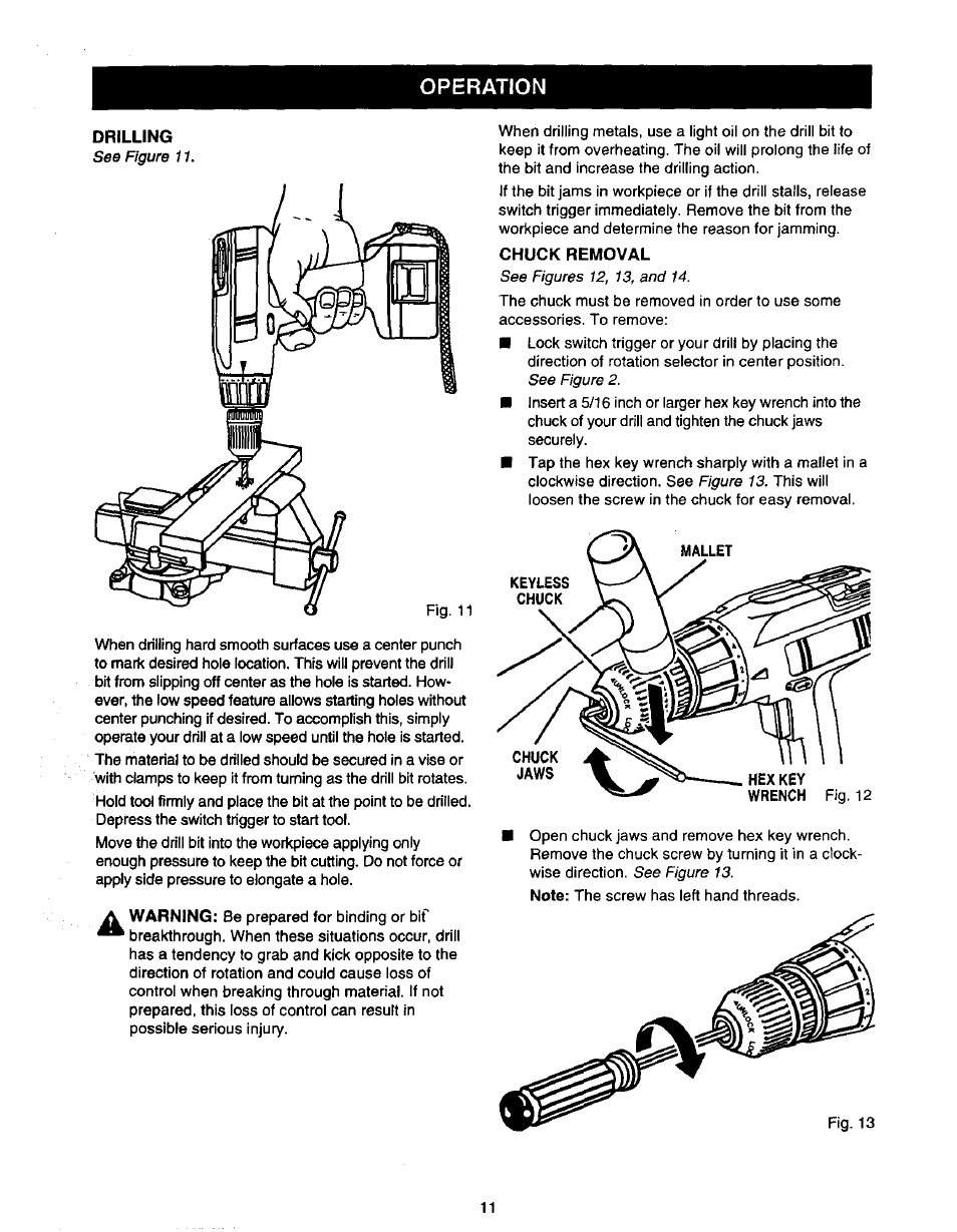 Drilling, Chuck removal, Operation | Craftsman 973.111291 User Manual | Page 11 / 16