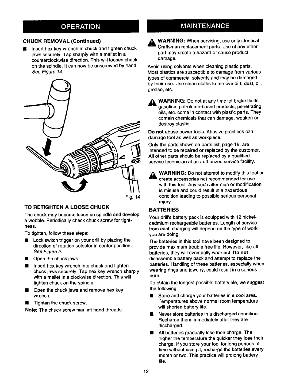 Maintenance, Chuck removal (continued), To retighten a loose chuck | Batteries | Craftsman 973.111291 User Manual | Page 12 / 16