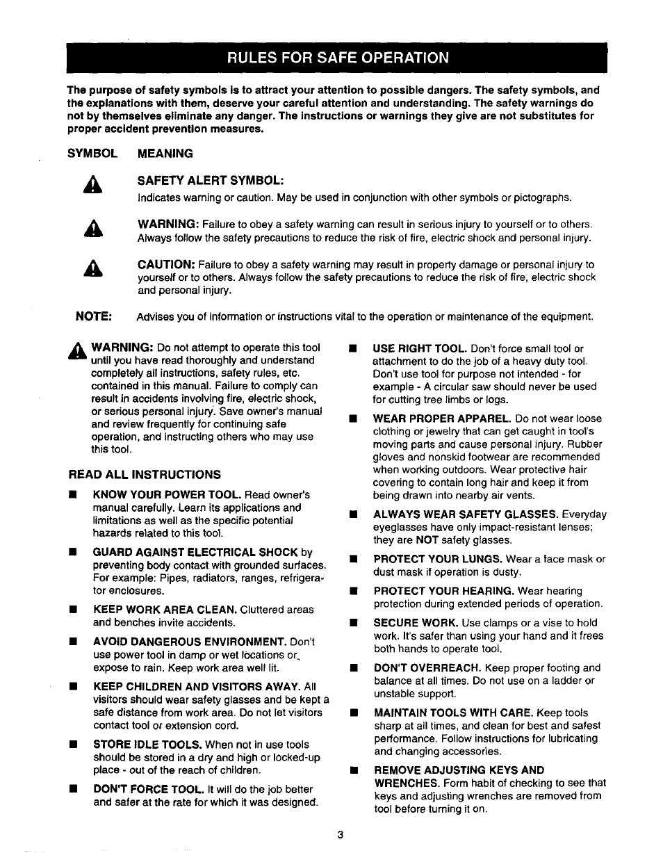 Guard against electrical shock by, Keep children and visitors away. all, Rules for safe operation | Craftsman 973.111291 User Manual | Page 3 / 16