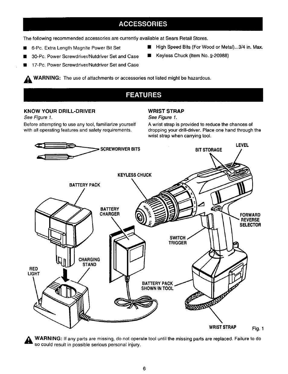 Accessories, Features, Know your drill-driver | Wrist strap | Craftsman 973.111291 User Manual | Page 6 / 16