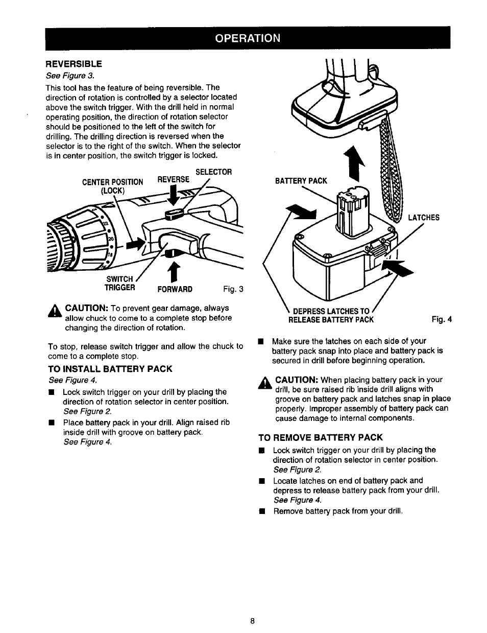 Reversible, To install battery pack, To remove battery pack | Operation | Craftsman 973.111291 User Manual | Page 8 / 16