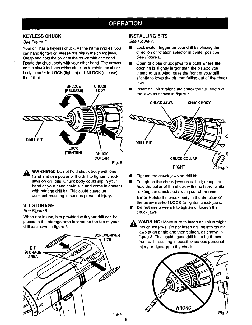 Keyless chuck, Installing bits, Bit storage | Storage area, Operation | Craftsman 973.111291 User Manual | Page 9 / 16