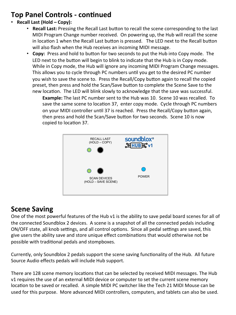 Top panel controls -­‐ con;nued, Scene saving | Source Audio Soundblox Hub v1 User Manual | Page 4 / 7