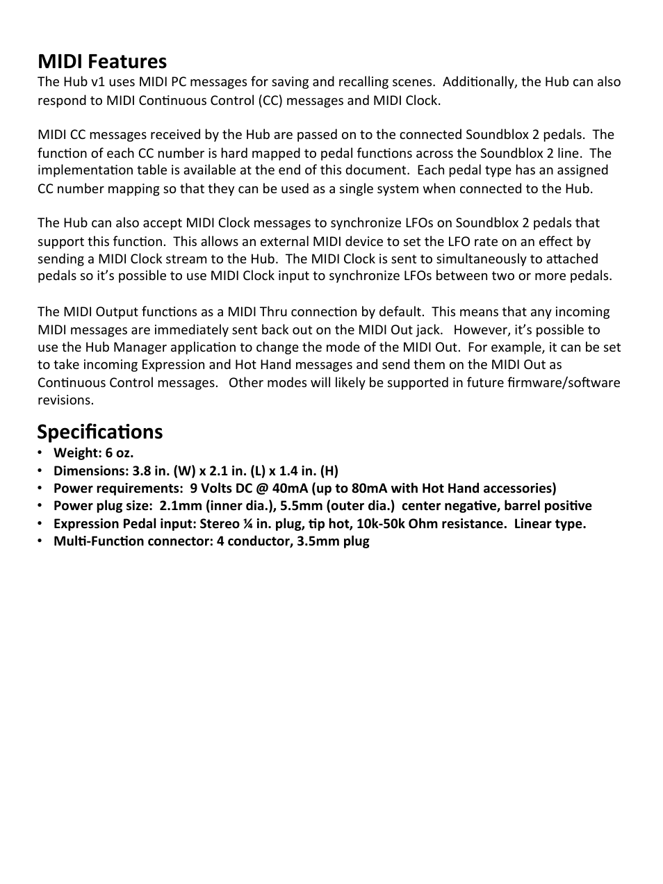 Midi features, Speciﬁca;ons | Source Audio Soundblox Hub v1 User Manual | Page 5 / 7