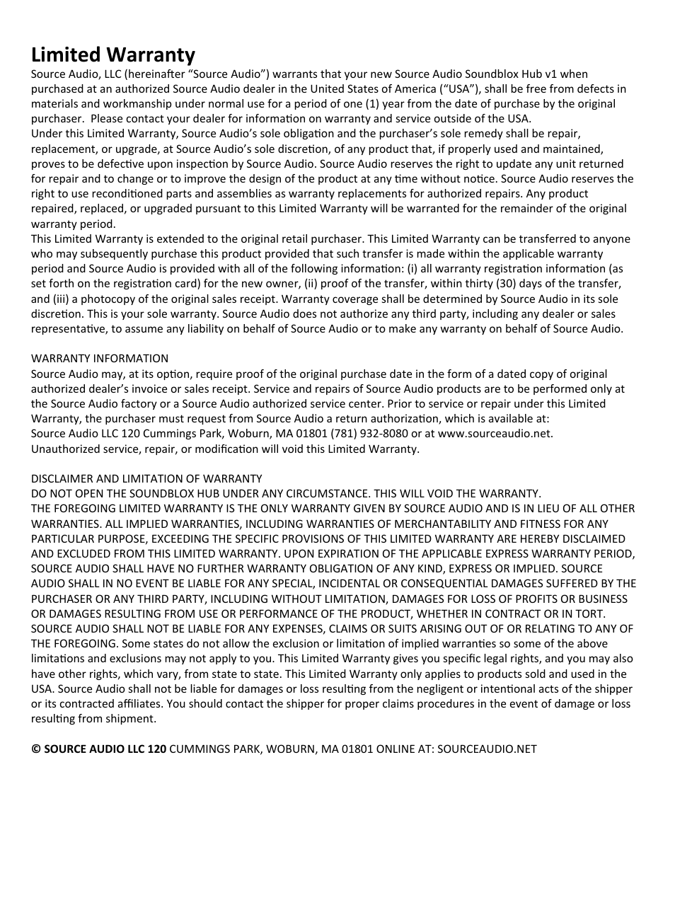 Limited warranty | Source Audio Soundblox Hub v1 User Manual | Page 7 / 7