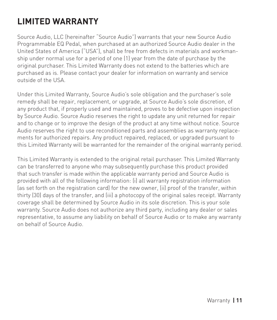 Limited warranty | Source Audio Toolblox Programmable EQ User Manual | Page 11 / 12