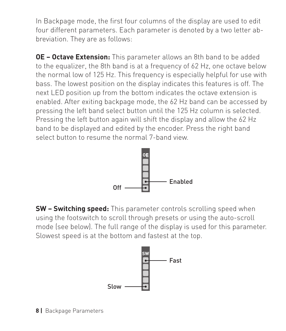 Programmable eq, Press off enabled slow fast, 8 | backpage parameters | Source Audio Toolblox Programmable EQ User Manual | Page 8 / 12