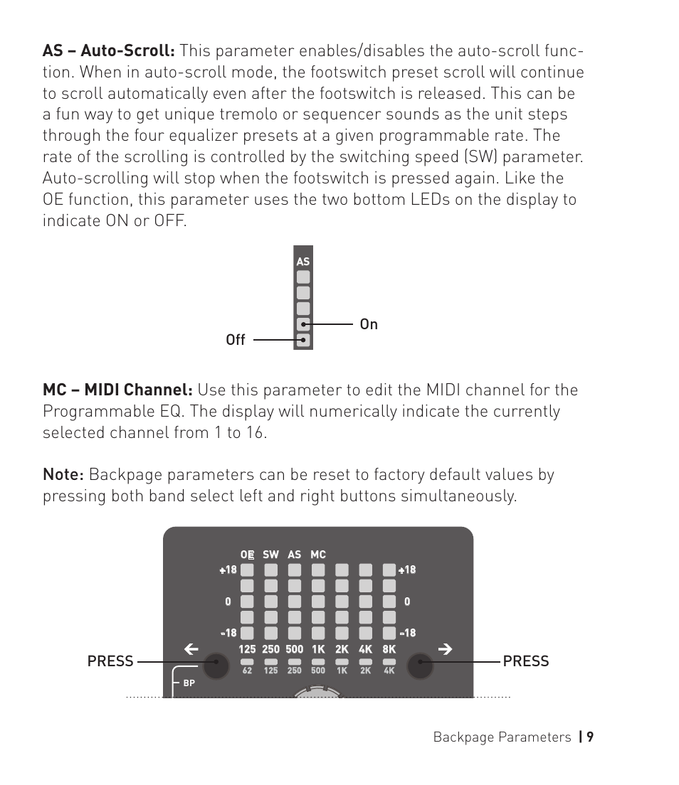 Programmable eq, Press, Off on | Backpage parameters | 9 | Source Audio Toolblox Programmable EQ User Manual | Page 9 / 12