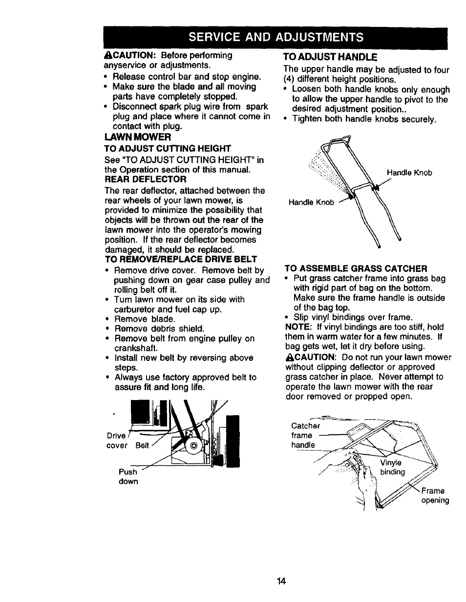 Service and adjustments, To remove/replace drive belt, To assemble grass catcher | Craftsman 917.379480 User Manual | Page 14 / 31