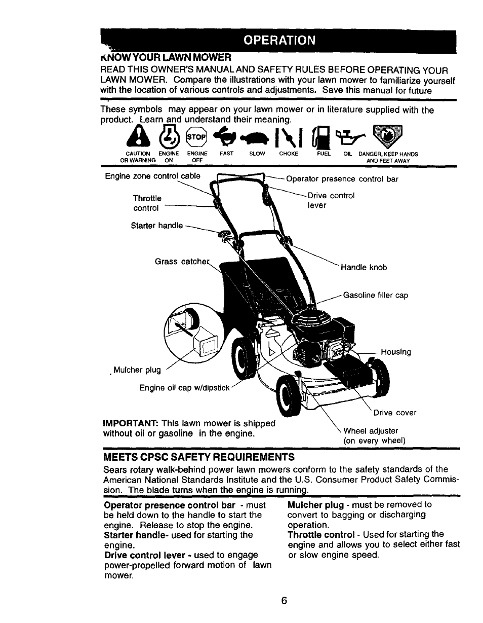 Operation, Know your lawn mower, Meets cpsc safety requirements | Craftsman 917.379480 User Manual | Page 6 / 31