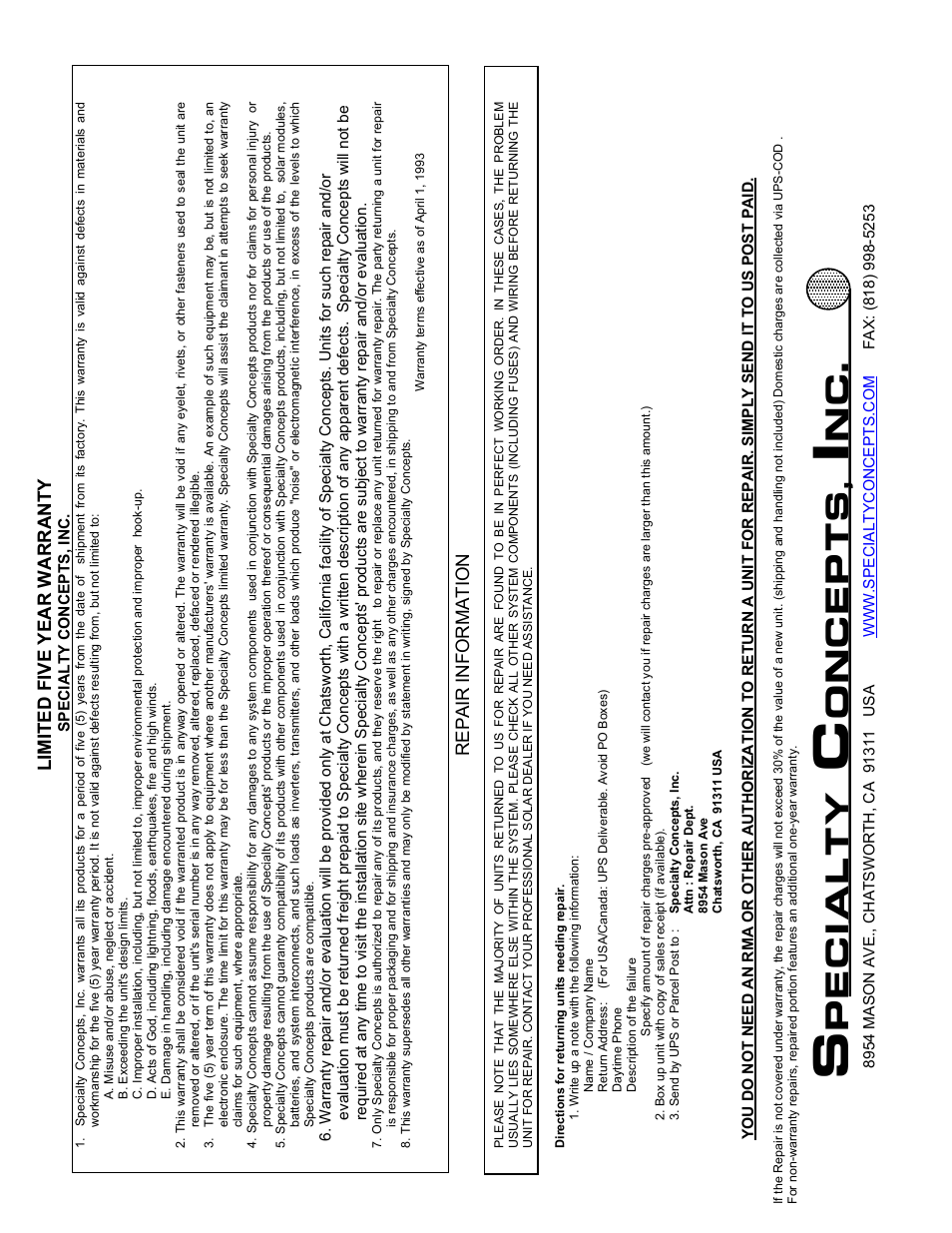 Pecialty, Oncepts, Limited five year warranty | Repair information | Specialty Concepts MARK/22 User Manual | Page 10 / 10