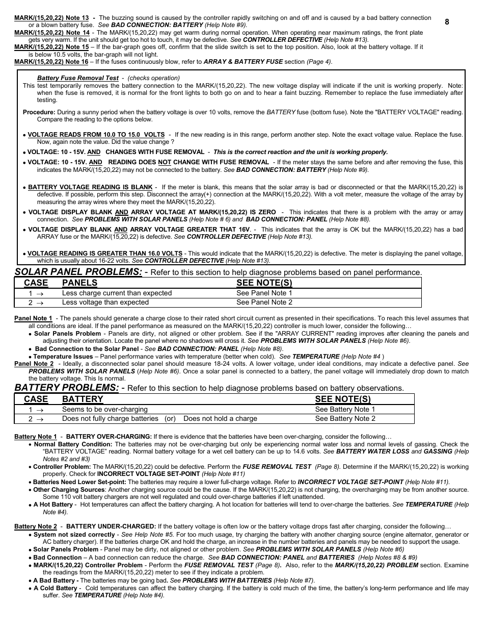 Solar panel problems, Battery problems | Specialty Concepts MARK/22 User Manual | Page 8 / 10
