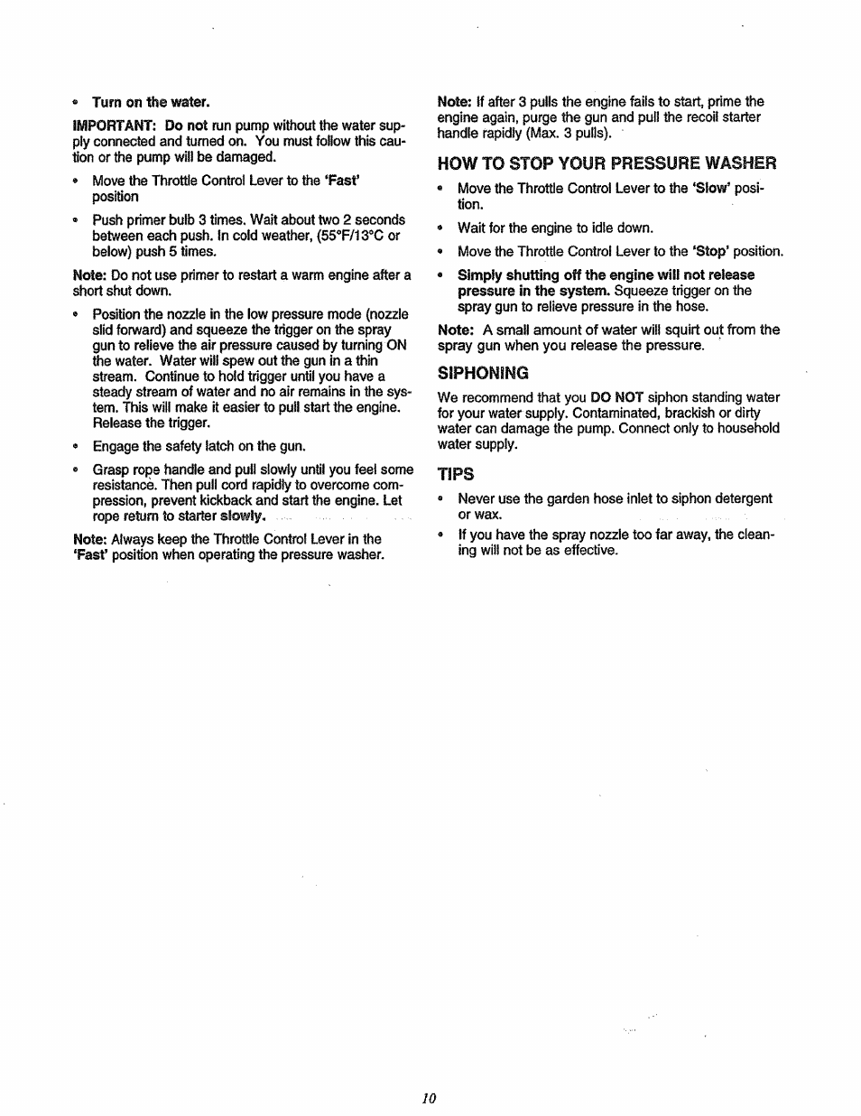 How to stop your pressure washer, Siphoning, Tips | Craftsman 580.762200 User Manual | Page 10 / 28