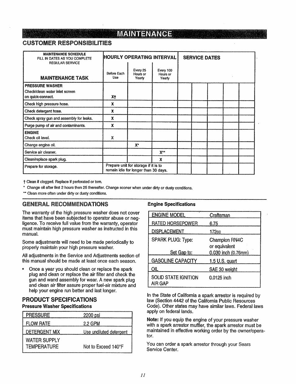 Aintenance, Customer responsibtuttes, General recommendations | Product specifications | Craftsman 580.762200 User Manual | Page 11 / 28