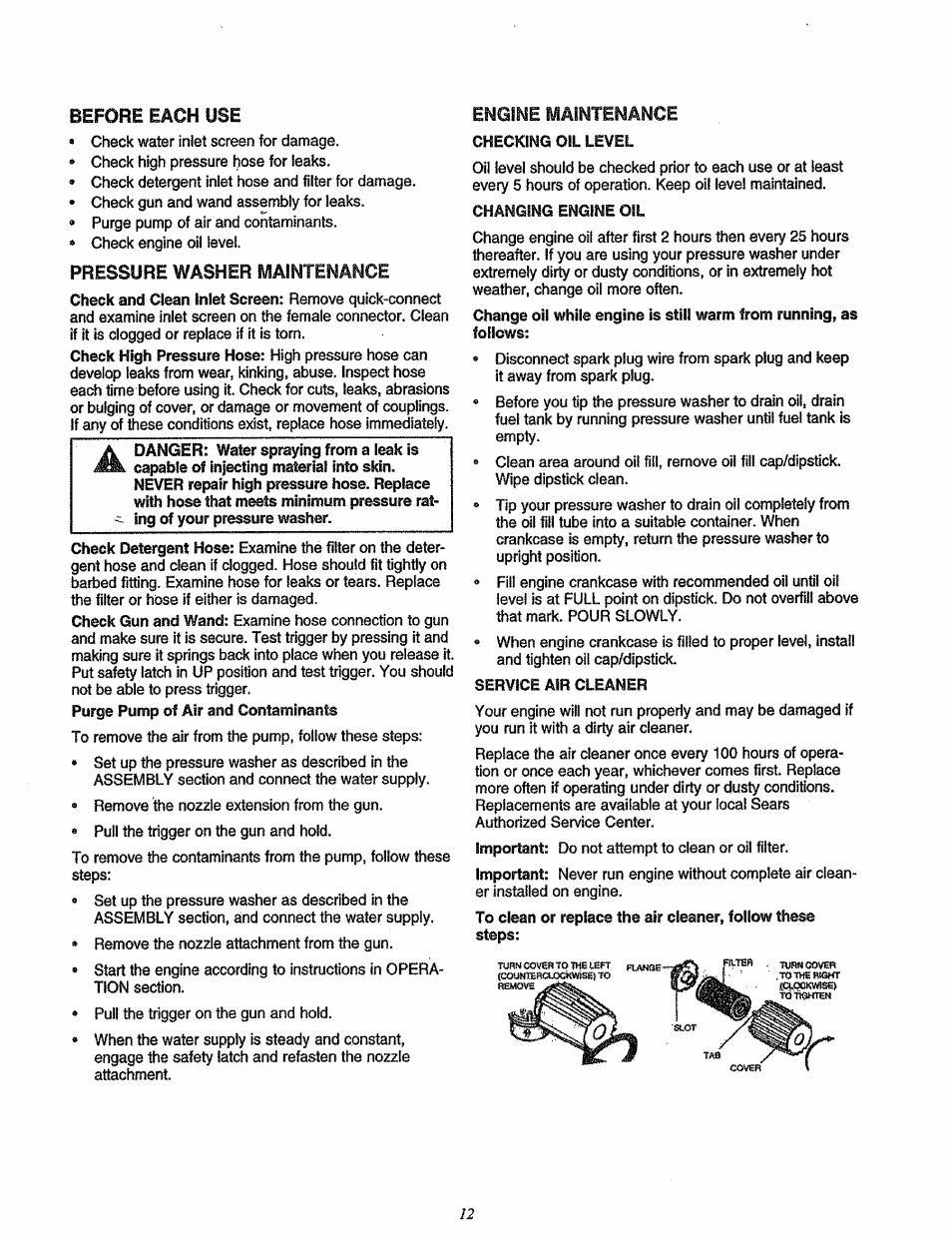 Before each use, Pressure washer maintenance, Engine maintenance | Craftsman 580.762200 User Manual | Page 12 / 28