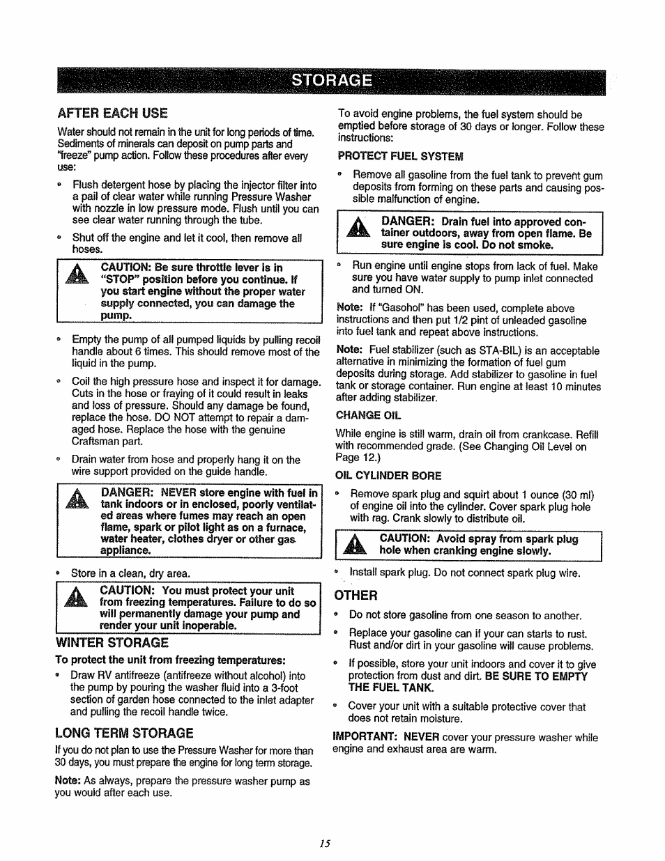 Storage, After each use, Long term storage | Craftsman 580.762200 User Manual | Page 15 / 28