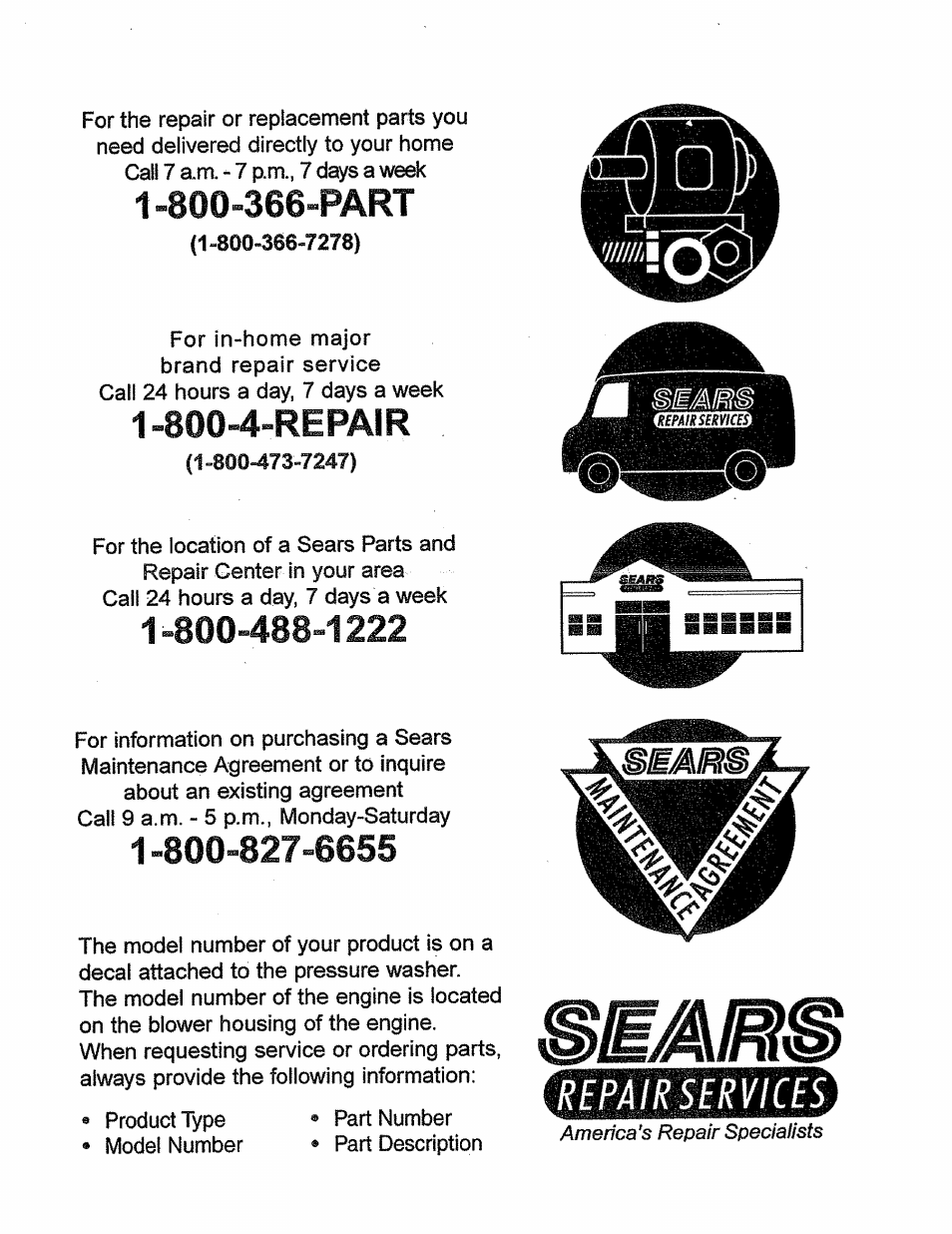Repairservices, 800-4-repair | Craftsman 580.762200 User Manual | Page 28 / 28