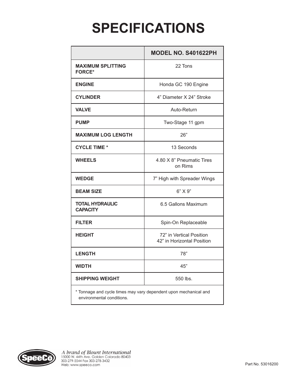 Specifications | Speeco S401622PH User Manual | Page 17 / 17