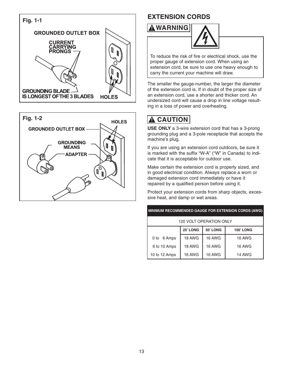 Extension cords, Warning, Caution | Craftsman 65100 User Manual | Page 13 / 24