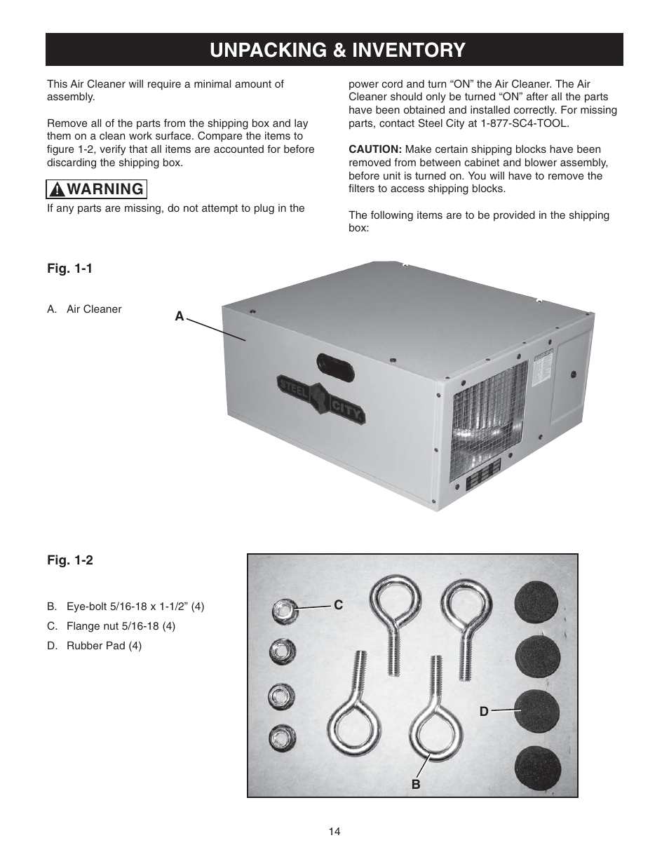 Unpacking & inventory, Warning | Craftsman 65100 User Manual | Page 14 / 24