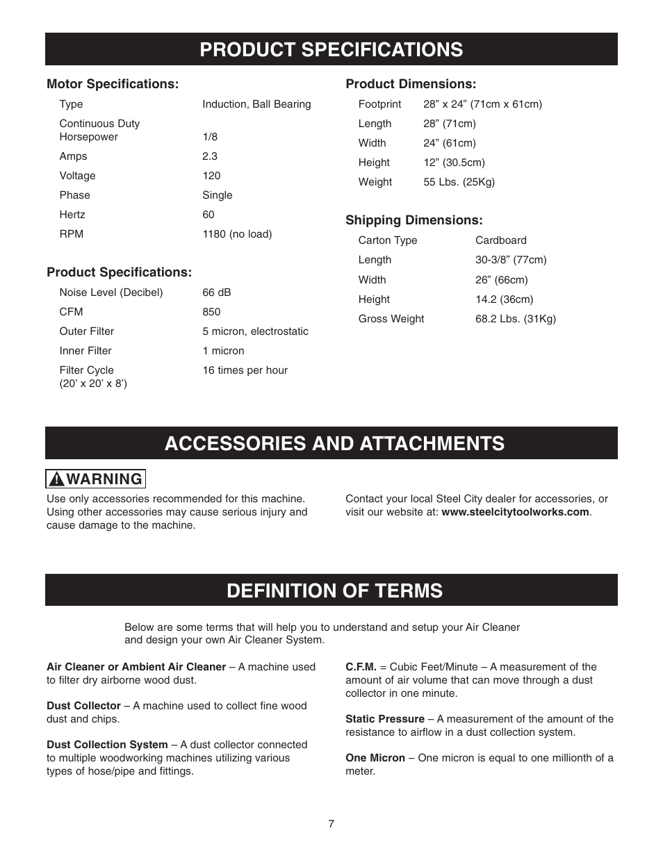 Product specifications, Accessories and attachments, Definition of terms | Warning | Craftsman 65100 User Manual | Page 7 / 24